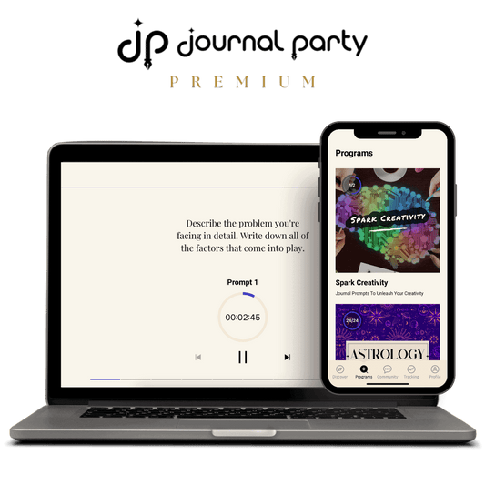 Journal Party Premium Lifetime Access on laptop and phone showing guided journaling programs, Power Prompt playlists for personal growth categories