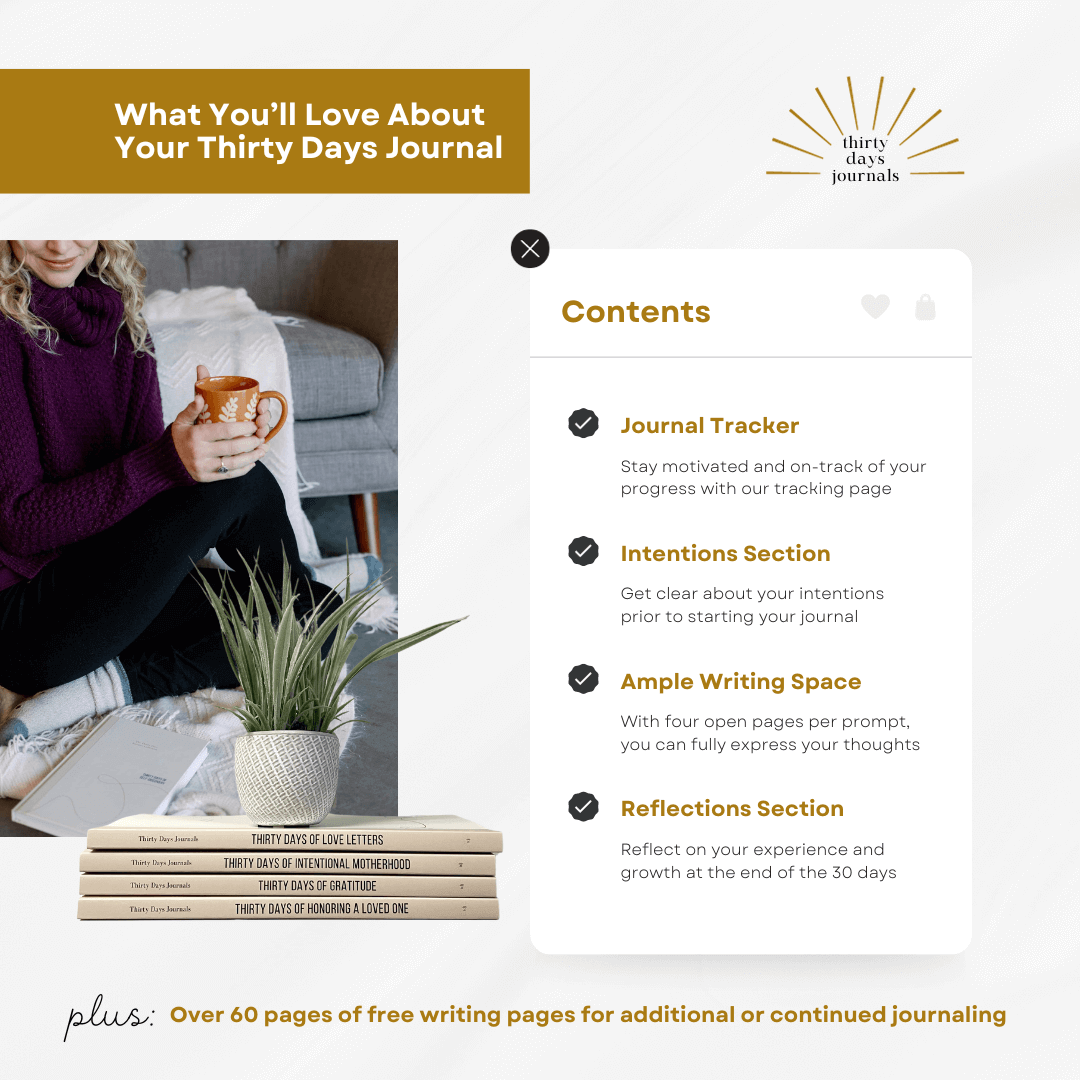 Thirty Days of Self-Discovery Journal features, including journal tracker, intentions section, ample writing space, and reflections section