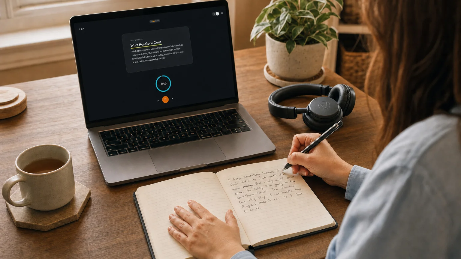 A learner writes in a journal with headphones beside a laptop displaying the guided session