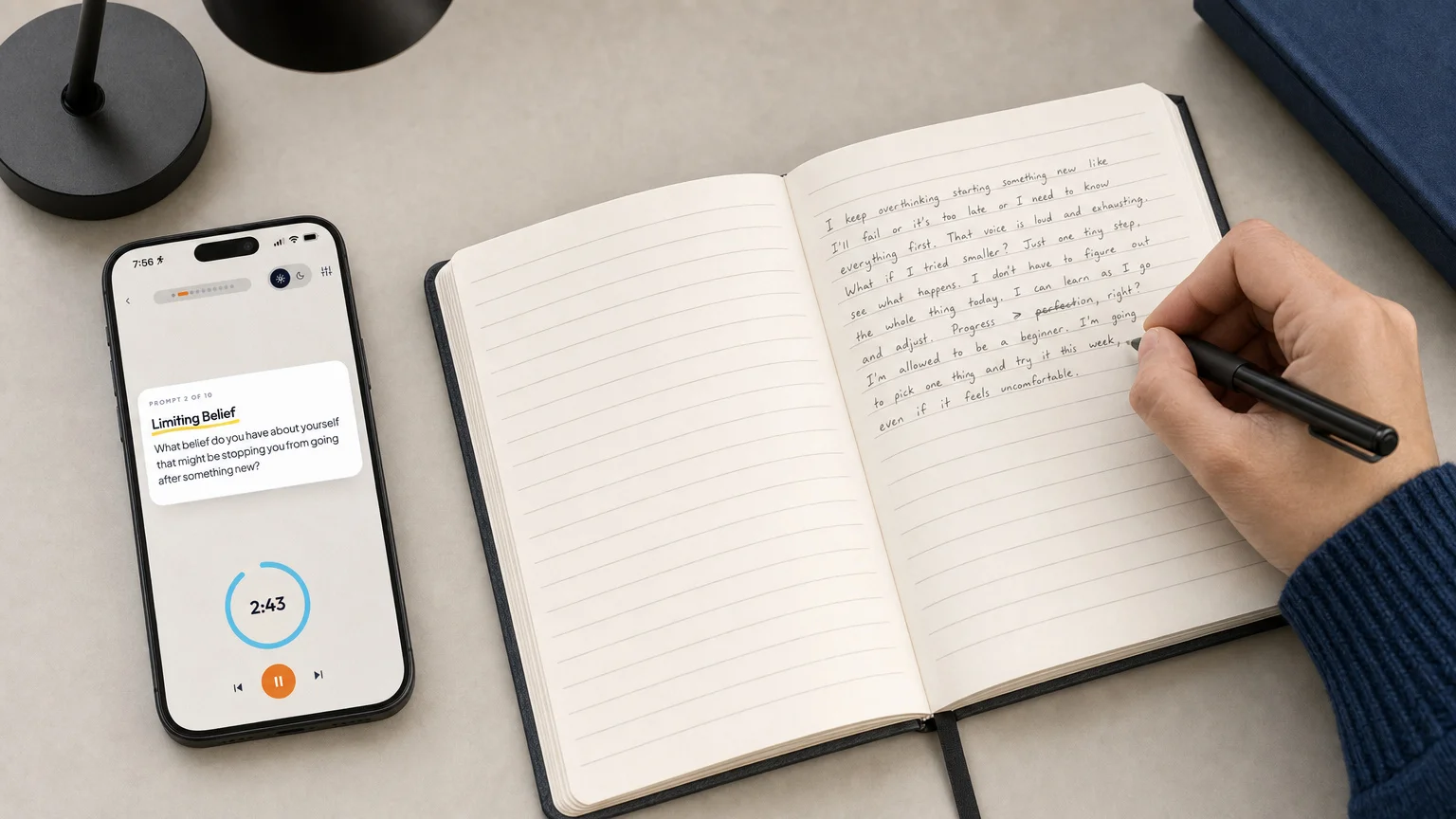 A phone displays a guided journaling prompt and writing timer beside someone writing by hand