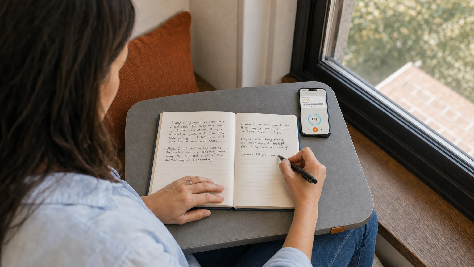 A participant writes by hand beside a phone showing a guided journaling prompt and timer