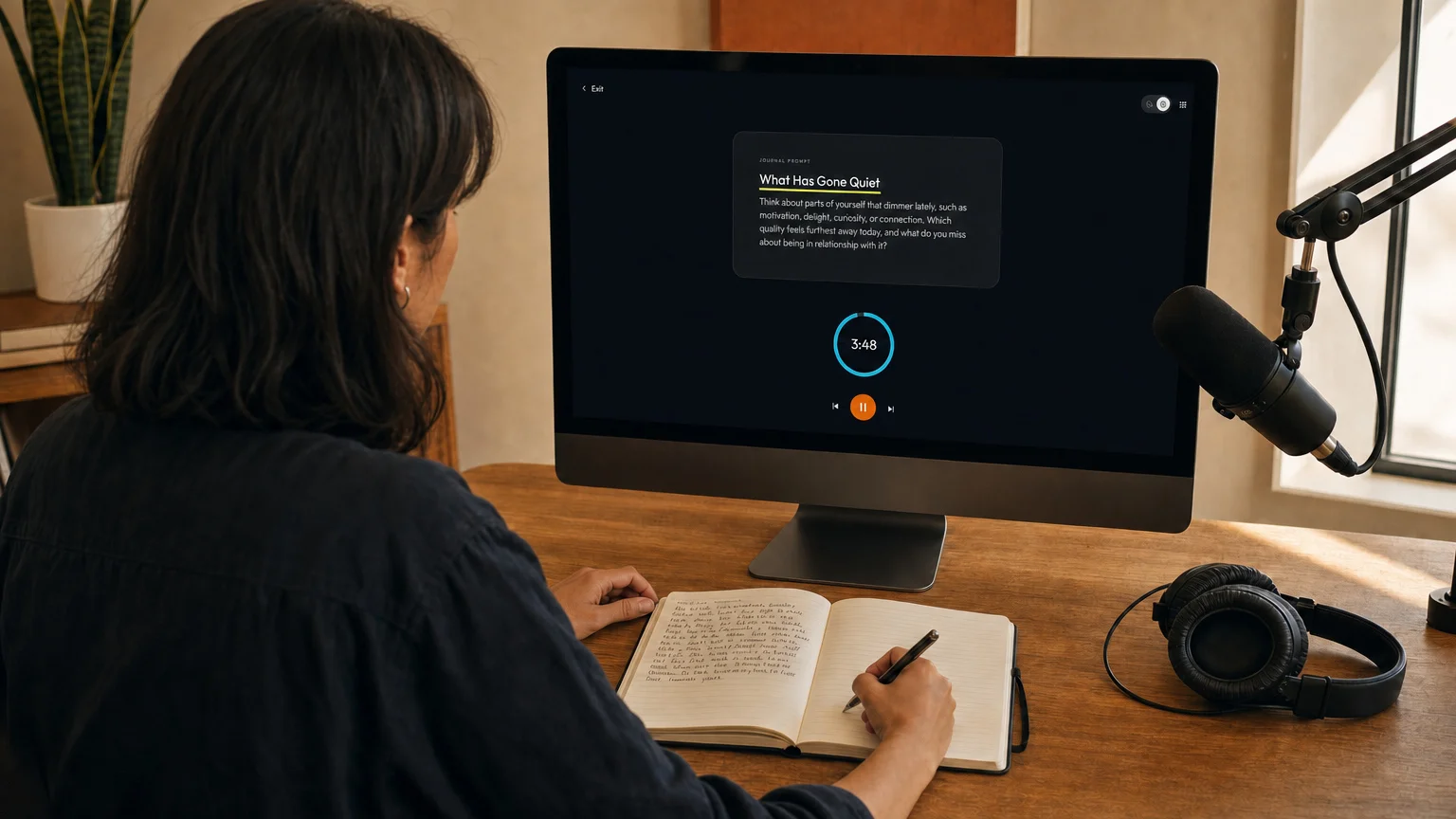 A writer journals beside a desktop showing the guided session, with a microphone and headphones nearby