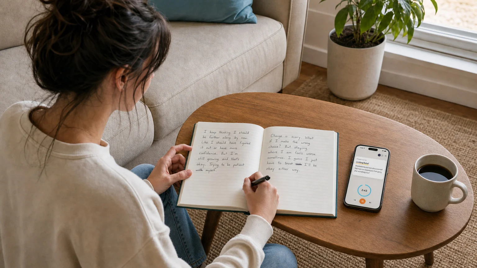 A participant takes a quiet journaling break at home with the session on a nearby phone