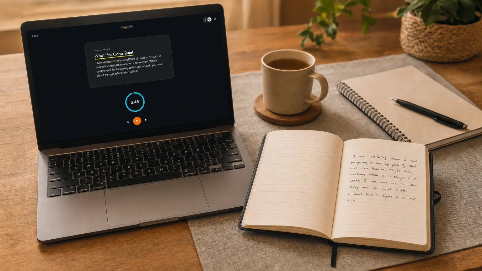 A guided session runs on a laptop beside a ruled journal and workbook