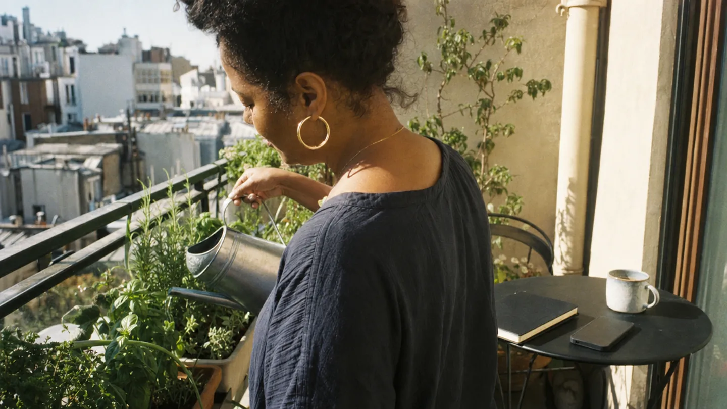 A woman waters herbs on a sunny balcony while her phone lies face-down on the table beside a mug and a closed journal.