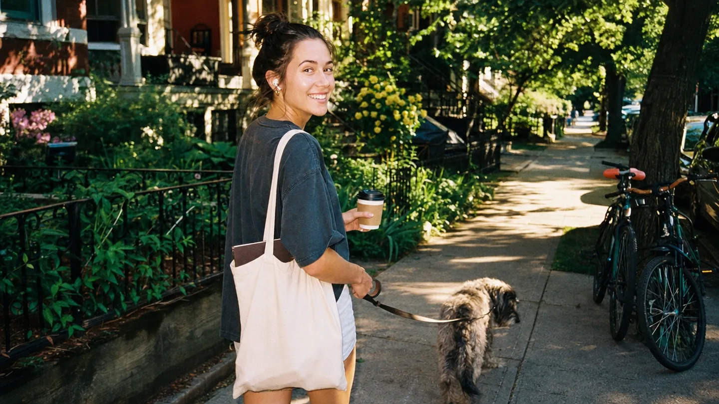 A young woman walks her dog down a leafy sidewalk with a coffee, a journal in her tote bag.