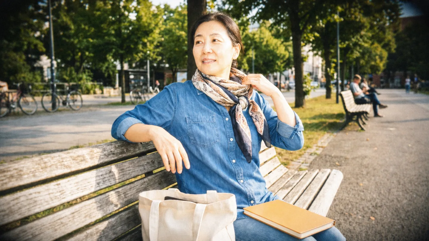 A woman settles onto a park bench beside her bag and closed journal.