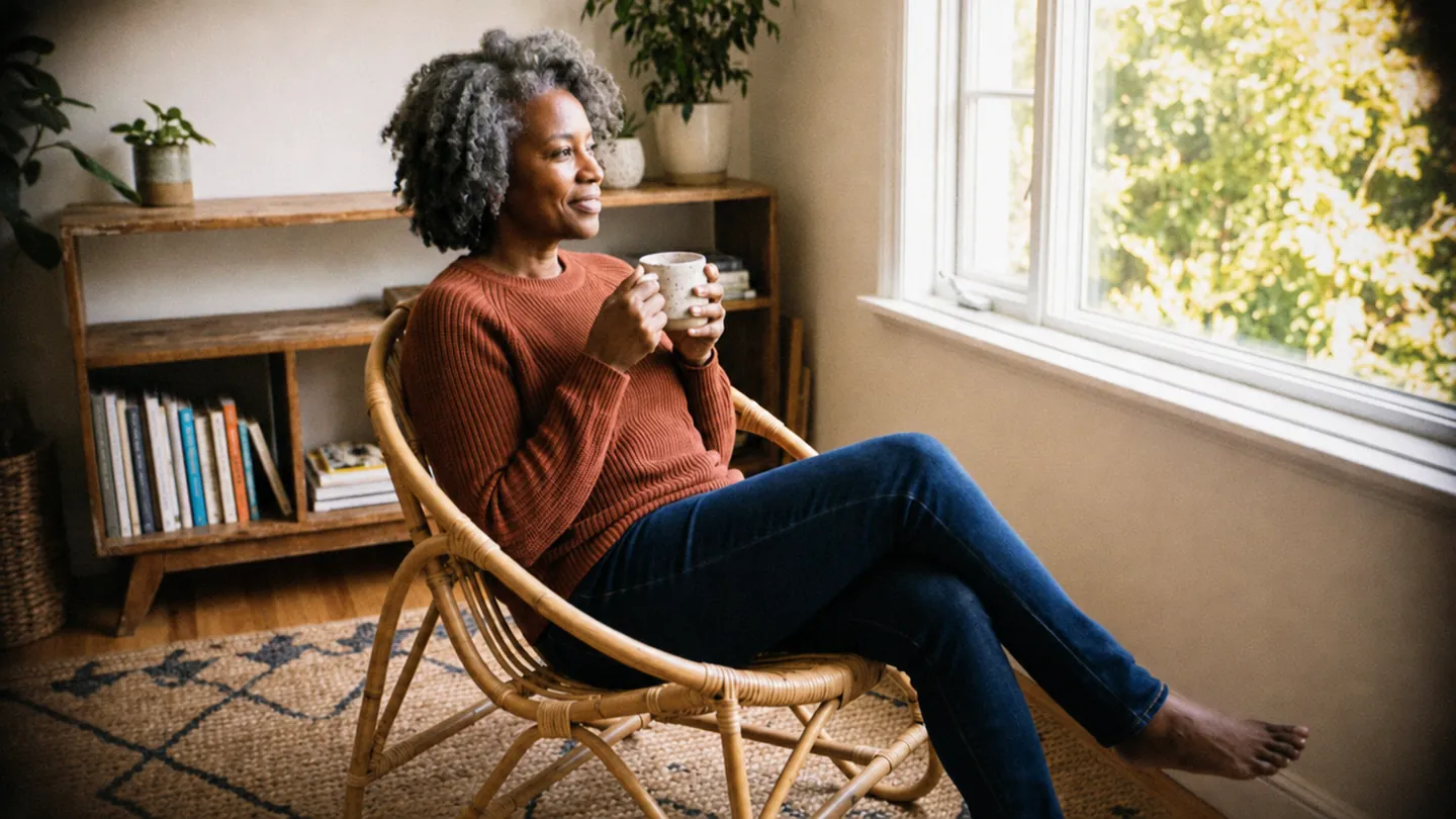 A woman tries out a chair in a new spot beside her living-room window.