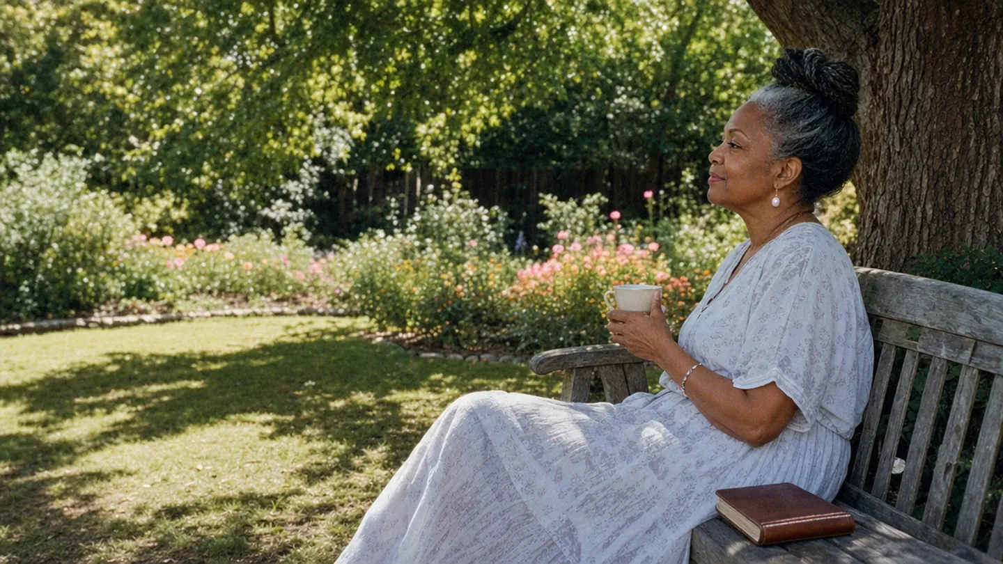 An older woman sits on a garden bench under a tree with tea, a closed journal beside her.