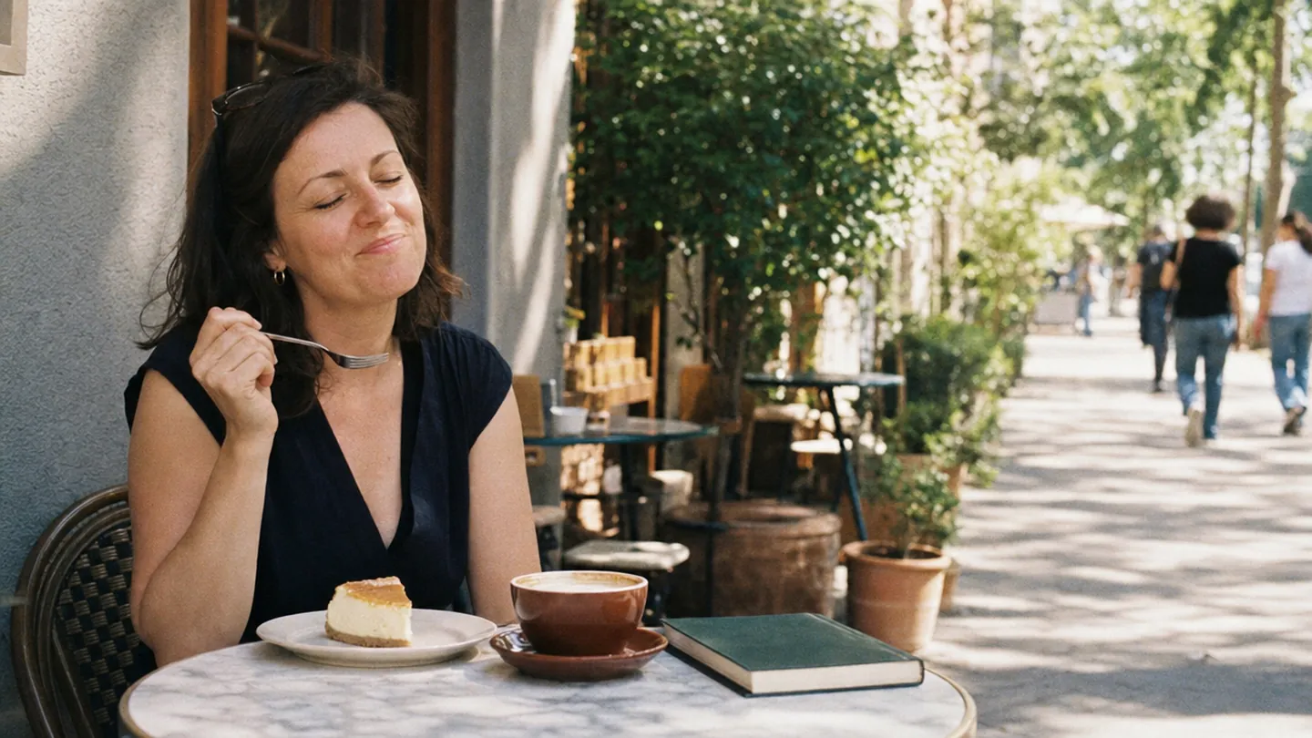 A woman enjoys cake and coffee alone at a sunny cafe terrace table.