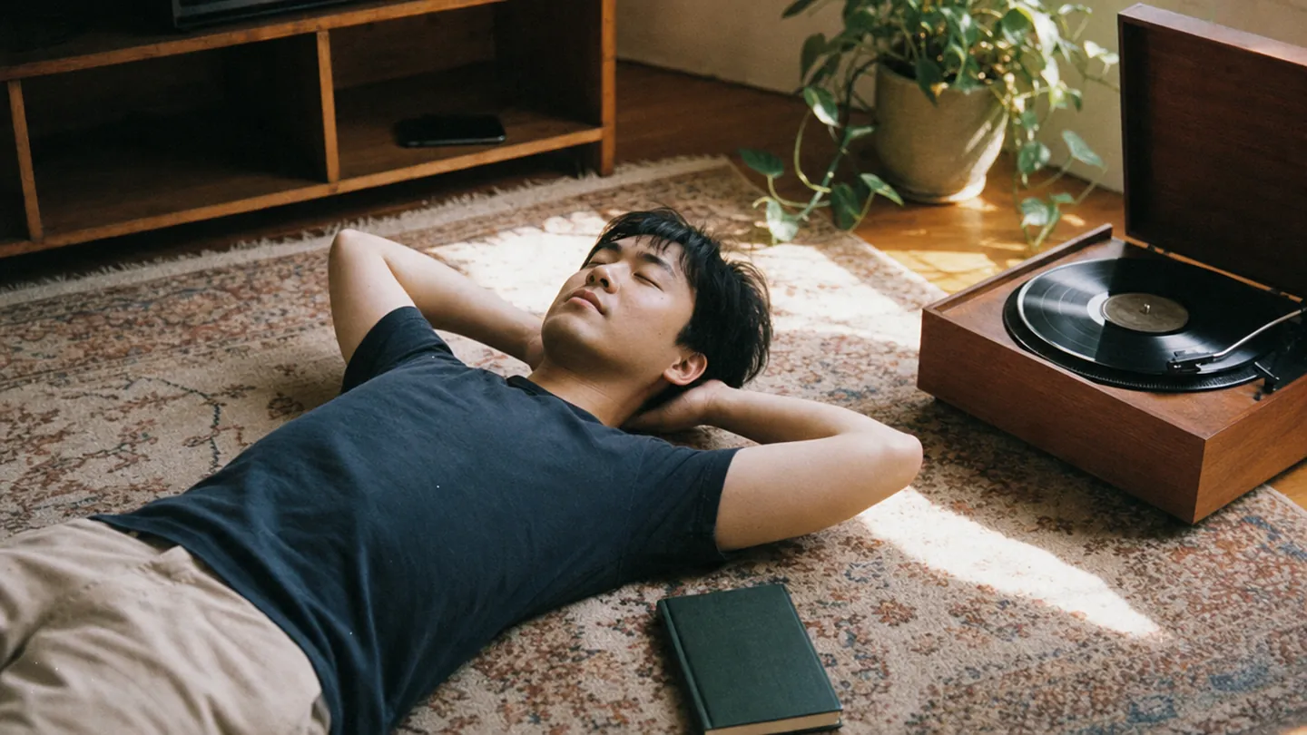A young man lies on a rug with his eyes closed, listening to a record, his phone face-down on a shelf.