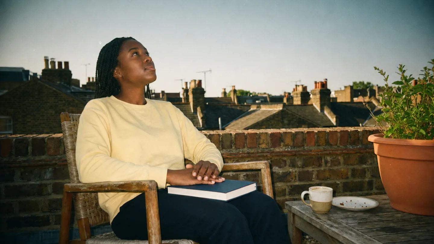 A woman settles on a terrace with a closed journal in her lap.