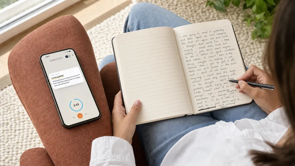 Journal Party showing a prompt and timer on a phone, next to a handwritten journal page