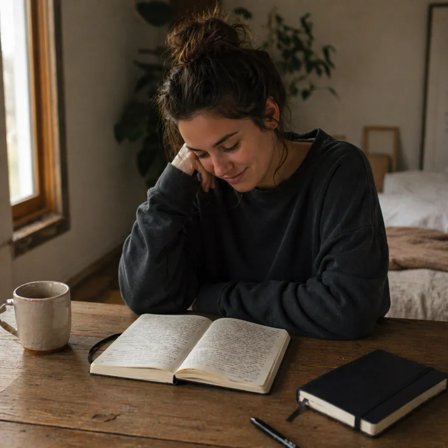 A woman resting her chin on her hand, quietly smiling while looking over her completed journal after three weeks.