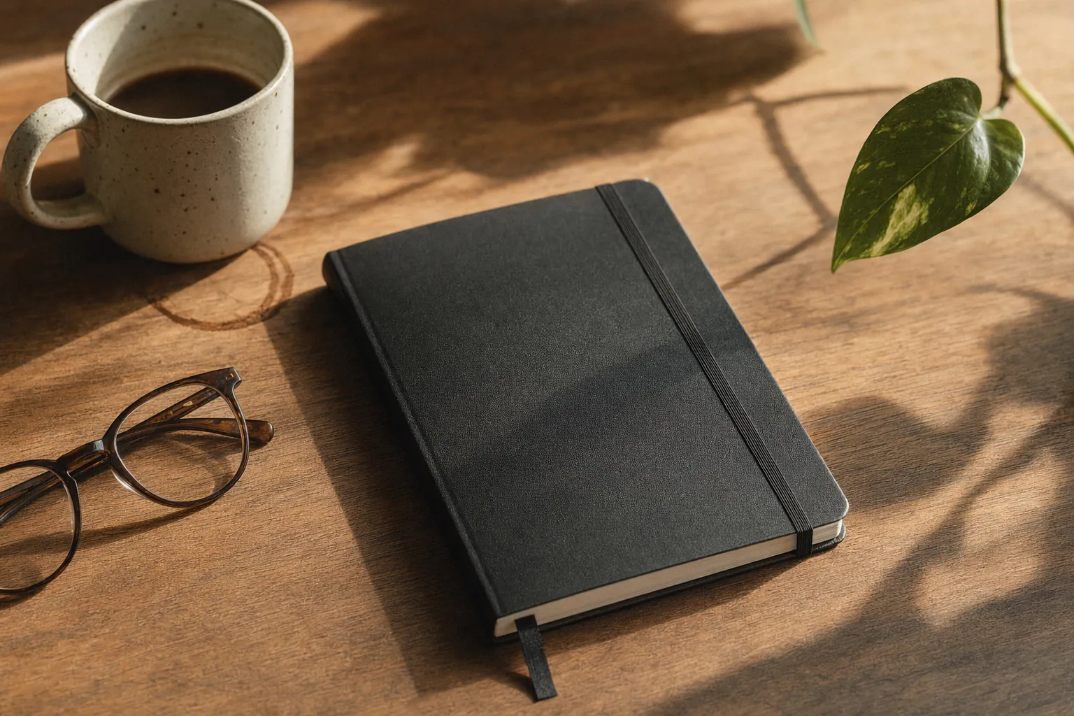 A closed hardcover journal resting untouched on a wooden desk beside a coffee mug and reading glasses.