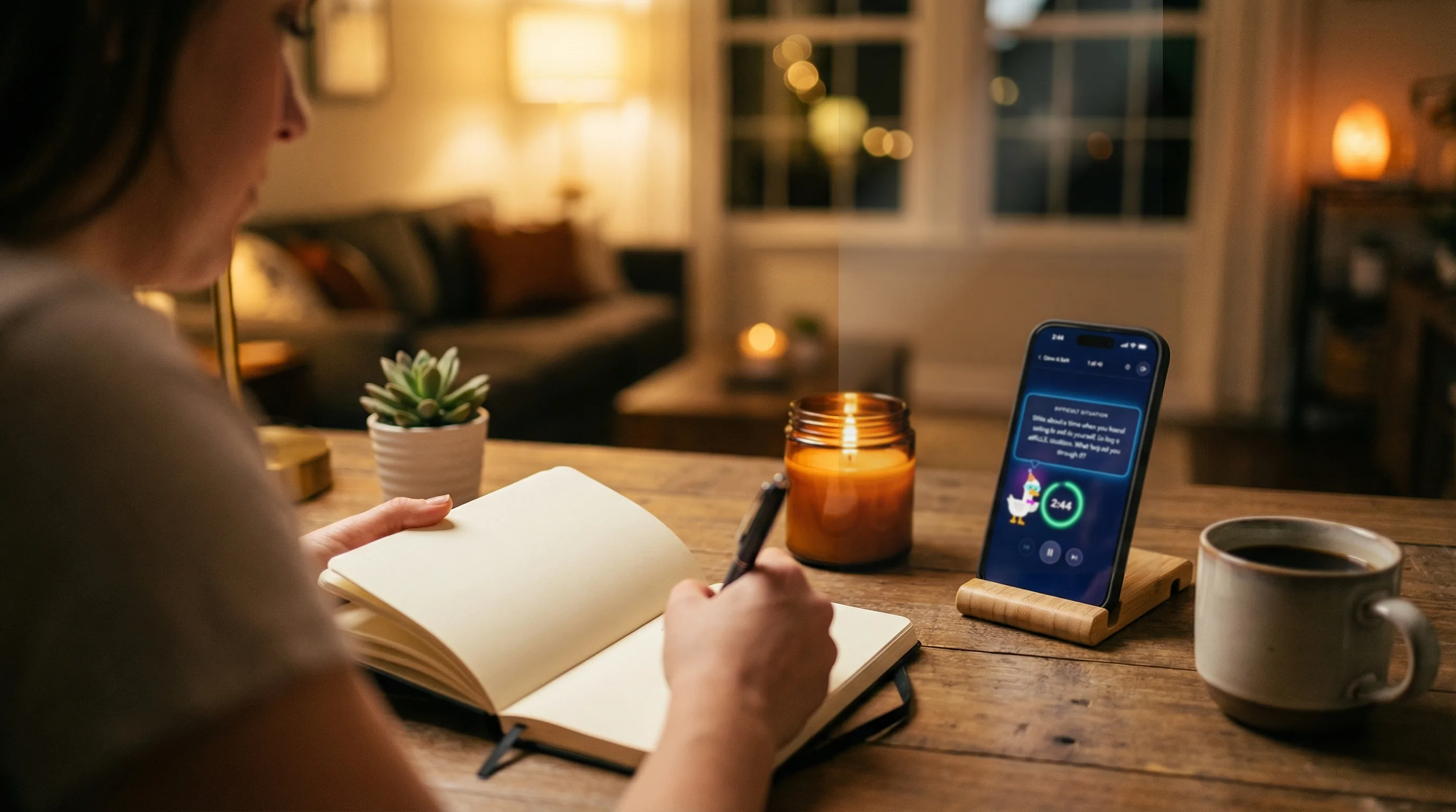 Person journaling with pen and notebook alongside the Journal Party app