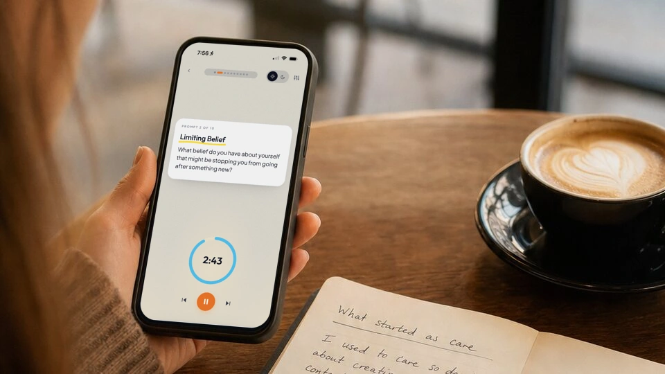 A guided prompt and timer on a phone beside a handwritten journal page and a coffee