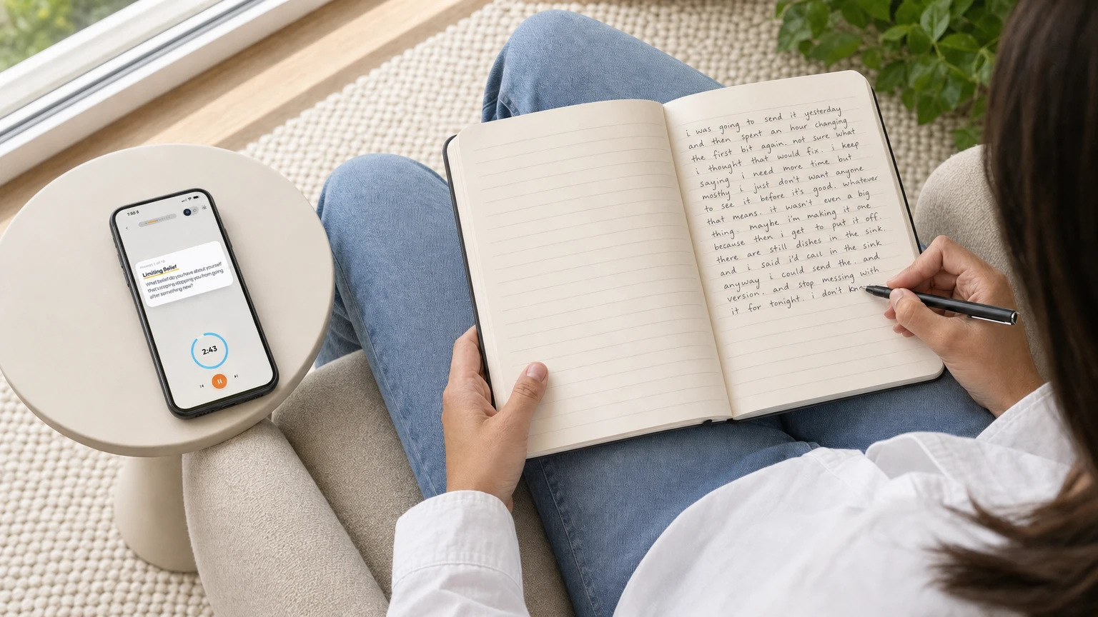 A participant writes about limiting beliefs in a journal at home, with the guided session on their phone