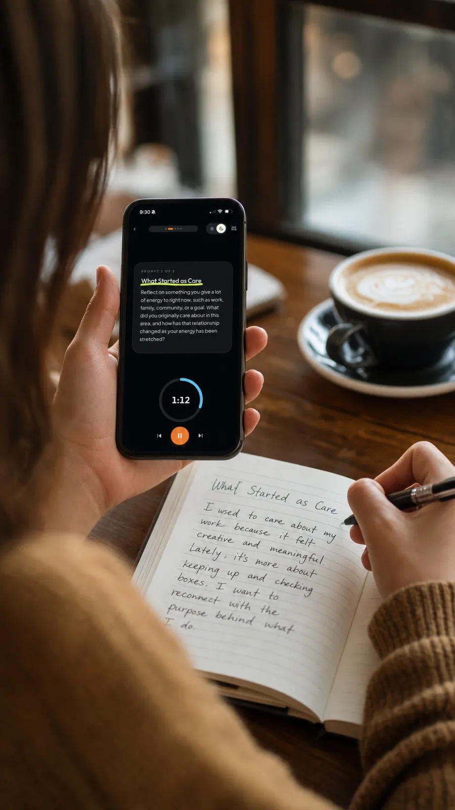 Journal Party prompt timer open beside a handwritten paper journal in a cafe