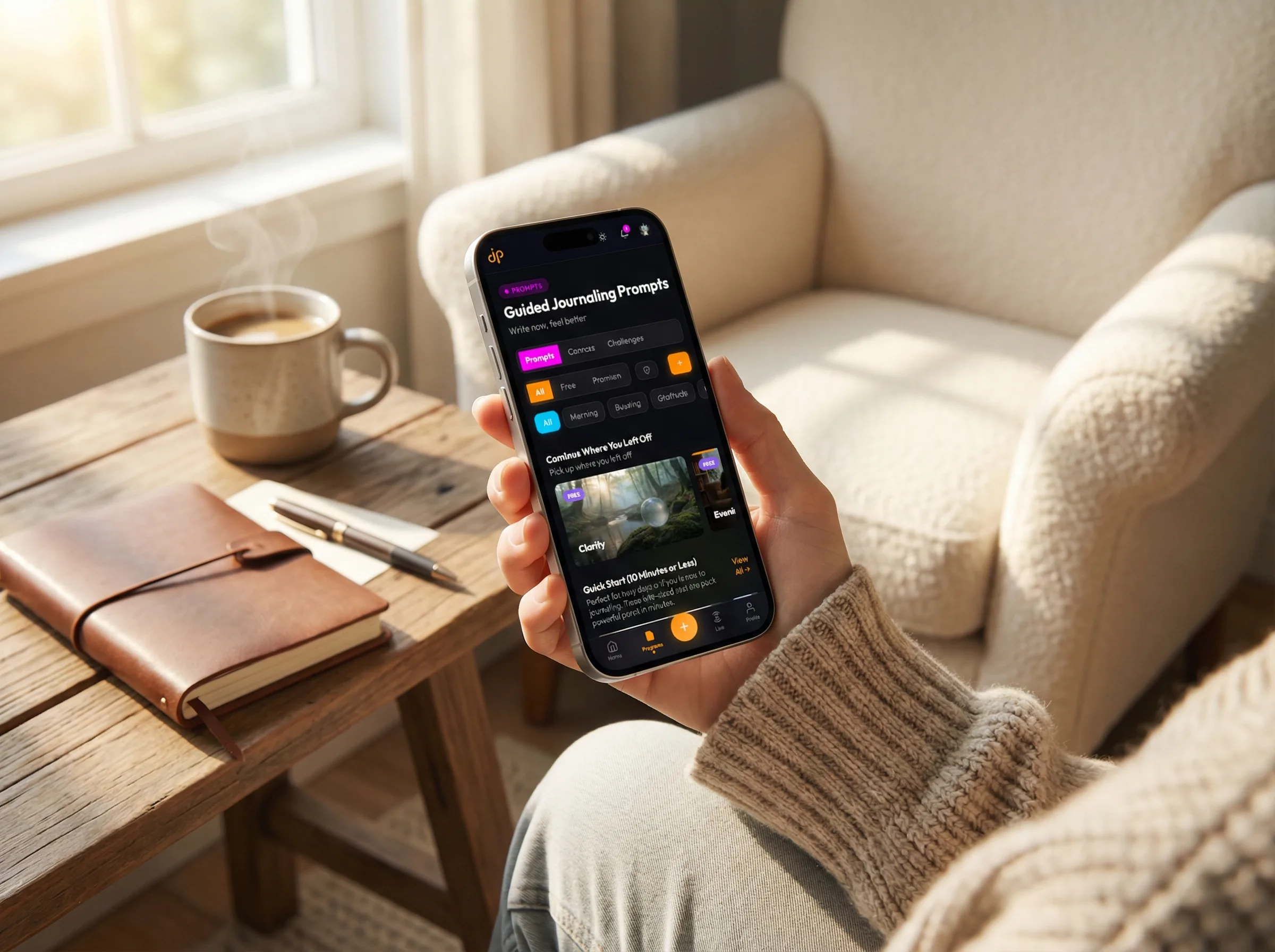 Journal Party app showing guided prompts with notebook and coffee