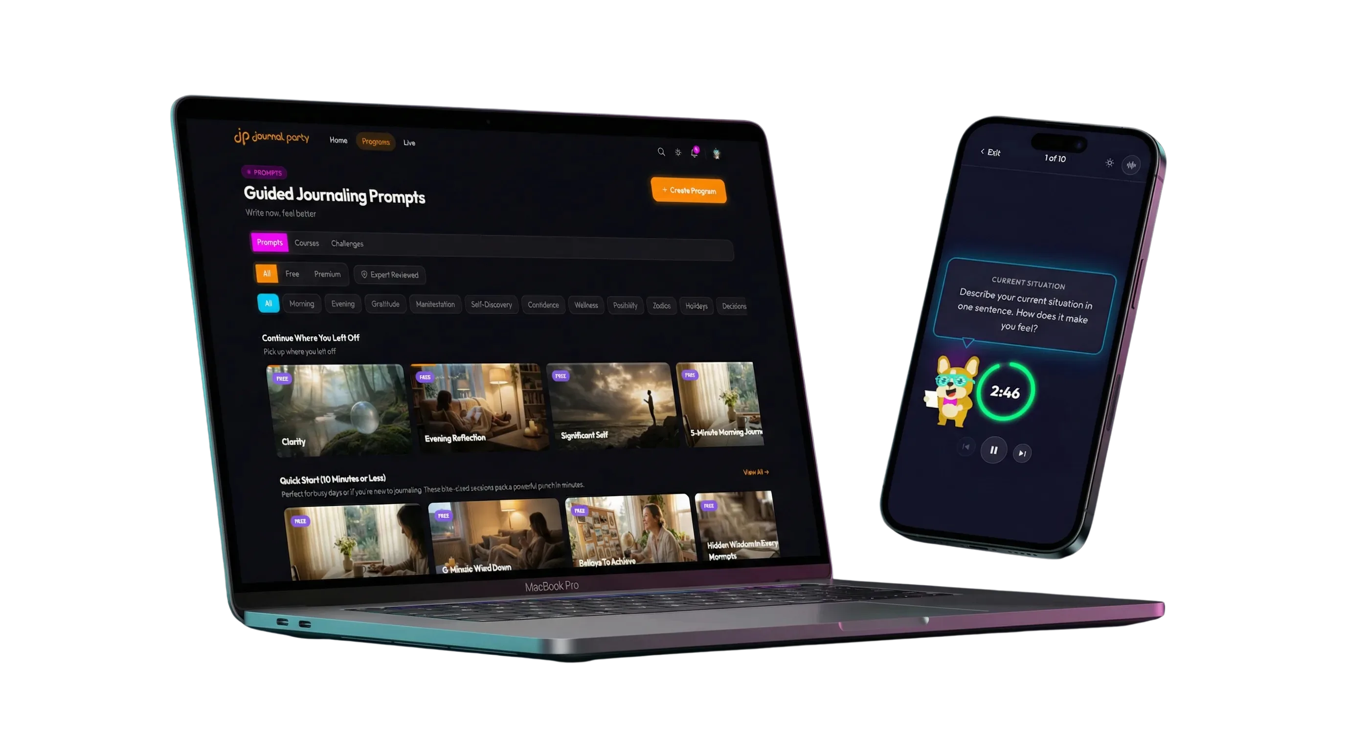 Journal Party app shown on laptop and phone during a guided session