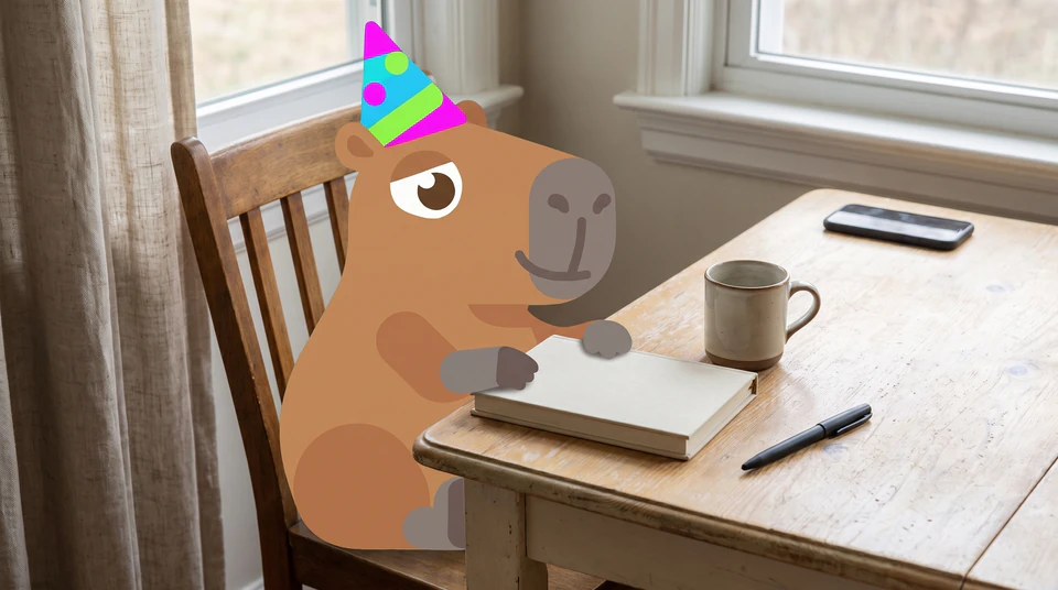The Journal Party capybara sits at a desk by the window with a closed journal, a pen and a mug.