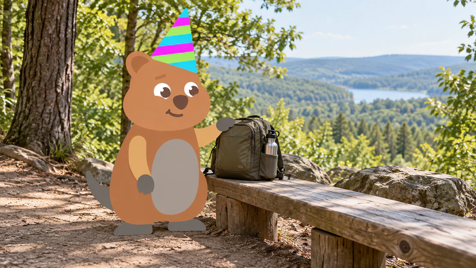 The Journal Party quokka in a party hat stops at a trail lookout beside its backpack.