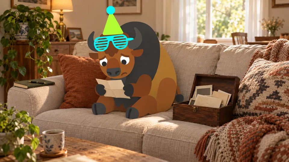 The Journal Party buffalo sits on a sofa reading an old letter, a box of keepsakes beside it.
