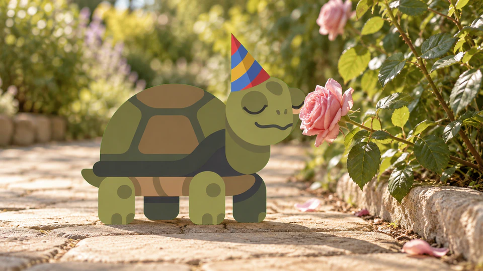 The Journal Party turtle stops on a garden path to smell a pink rose.