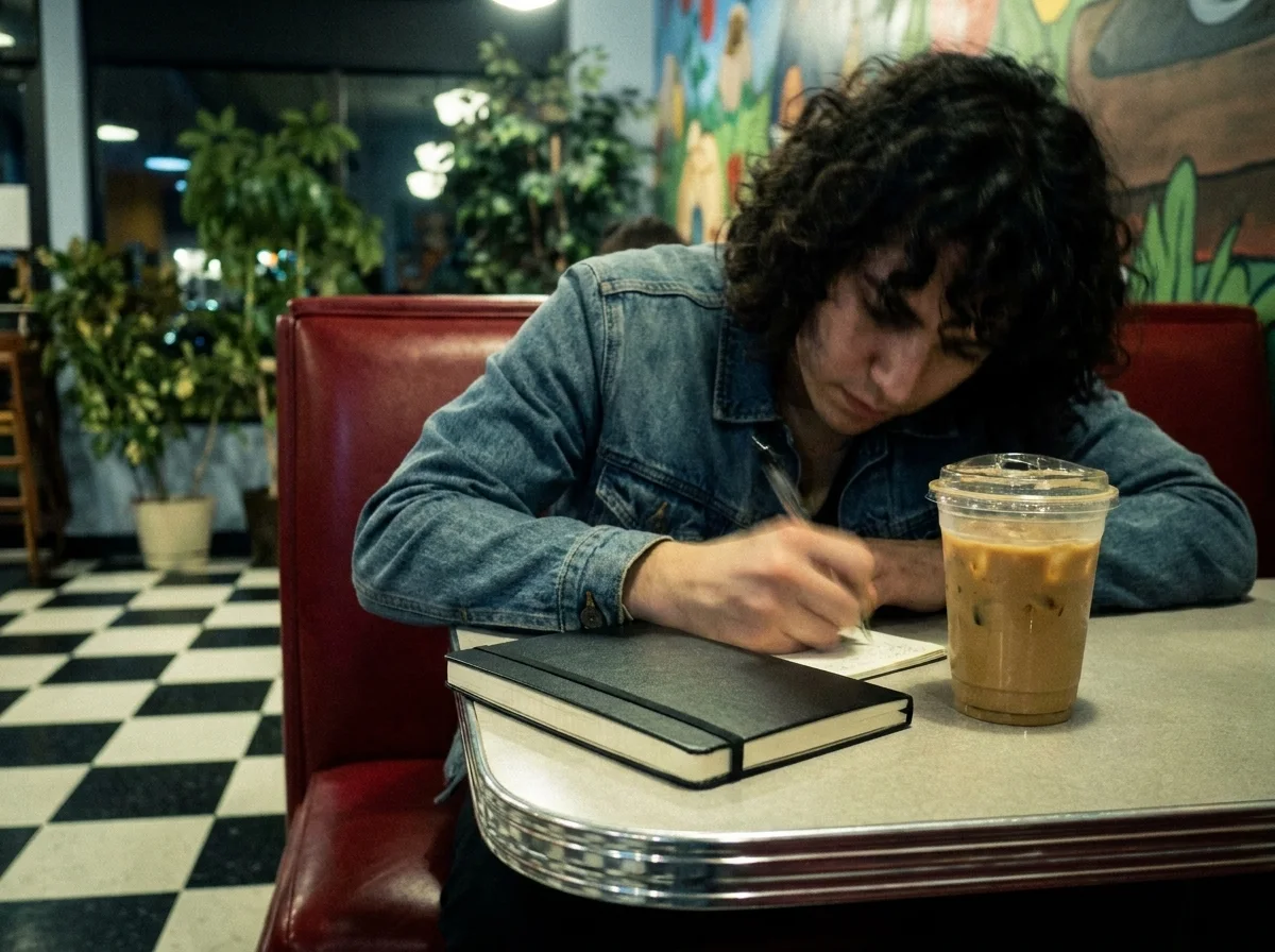 Person writing in a journal at a cafe booth