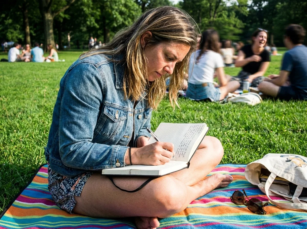 Person writing by hand in a paper journal