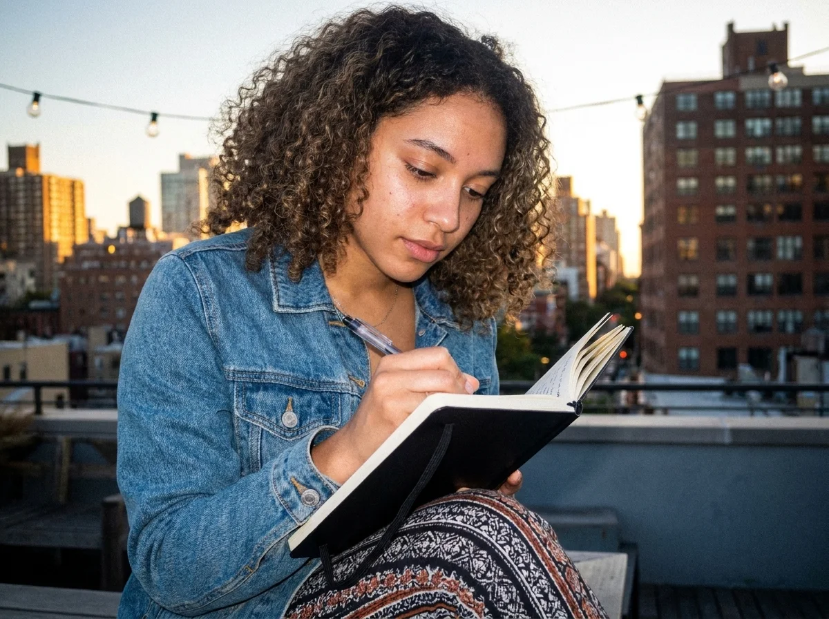 Person writing by hand in a paper journal on a rooftop