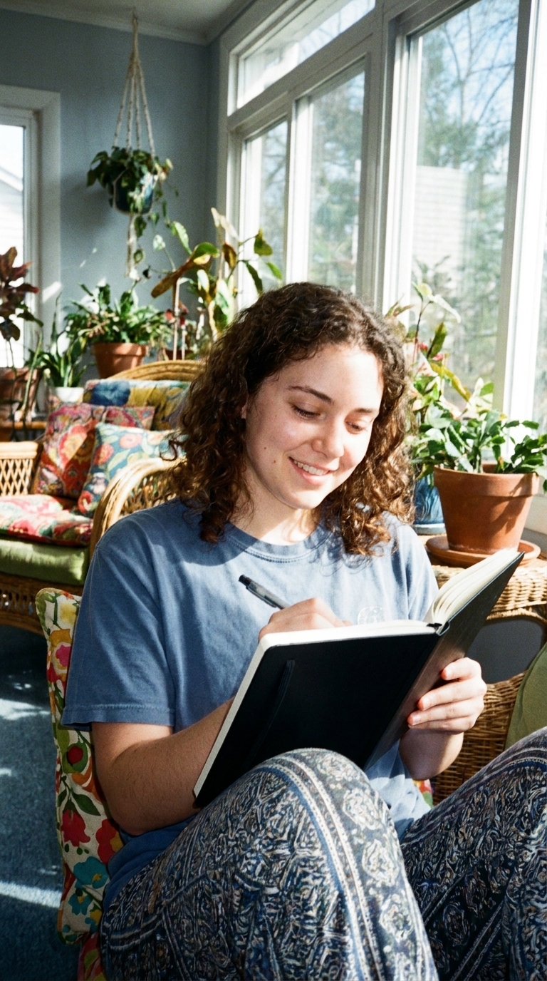 Person writing by hand in a paper journal in a sunlit sunroom