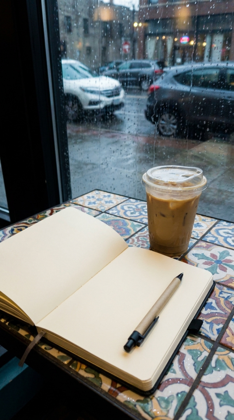 Open paper journal and pen on a tiled cafe table beside a rainy window