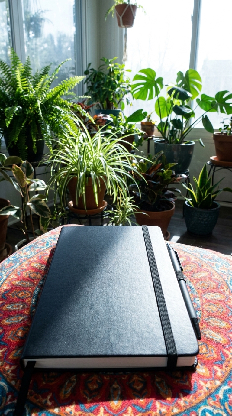Closed hardbound journal resting on a rug with plants in a sunlit sunroom